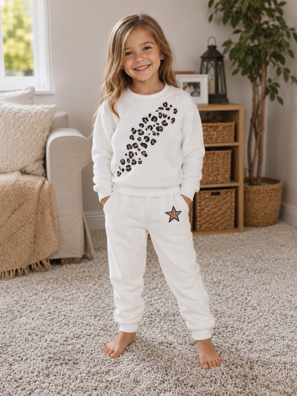 Derek Heart Cream Fuzzy Leopard Print Kids Matching Set